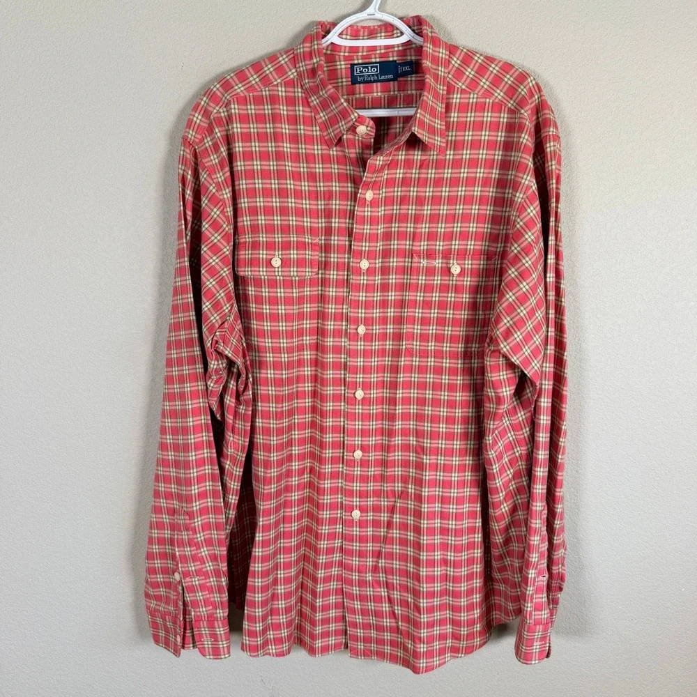 Polo Ralph Lauren Button Up Shirt Mens‎ XXL Salmon Red Plaid Long Sleeve Pockets
